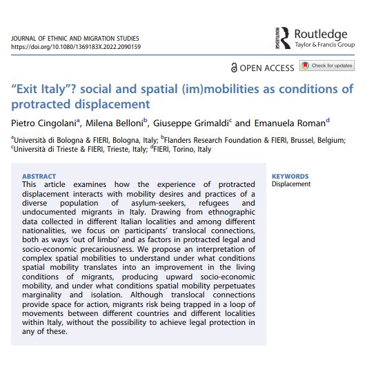 TRAFIG_EU's tweet photo. #Exit #Italy?
Paper 7⃣ in new @scmrjems special issue.
P Cingolani @unibo, @bellonimilena, G Grimaldi @unitrieste & @emanuelaroman2 @fieriforum assess how conditions of #protractedDisplacement in 🇮🇹 relate to #migrants' #social & #spatial (im)#mobilities
👉https://t.co/X0rsbp1nLA https://t.co/a1Yu5VFa0F