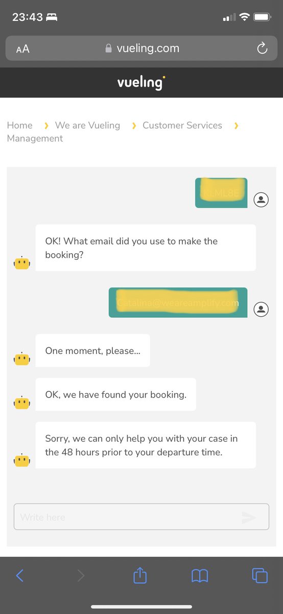 catsvg's tweet photo. @vueling I get directed to a bot 🤖 telling me the following. I can’t message anymore after the voy answers so please give me a real email address or contact number to call https://t.co/H4mr5u0UQ3