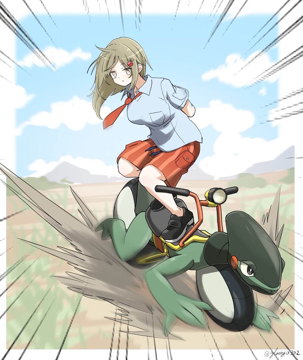 1girl riding necktie ground vehicle shorts school uniform shirt  illustration images