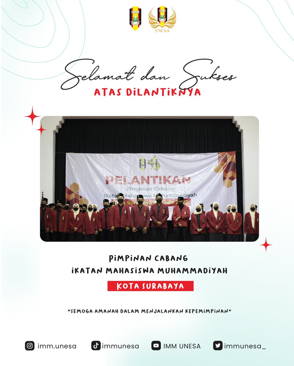 immunesa_'s tweet photo. Selamat & Sukses atas Pelantikan Pimpinan Cabang Ikatan Mahasiswa Muhammadiyah Kota Surabaya periode 2022-2023 di Balai Pemuda Kota Surabaya. Semoga amanah dalam menjalankan roda kepemimpinan.
#IMM #immsuroboyo #immunesa #immjaya #faskhoimm #fastabiqulkhairat #Muhammadiyah https://t.co/AI56mA7zWI
