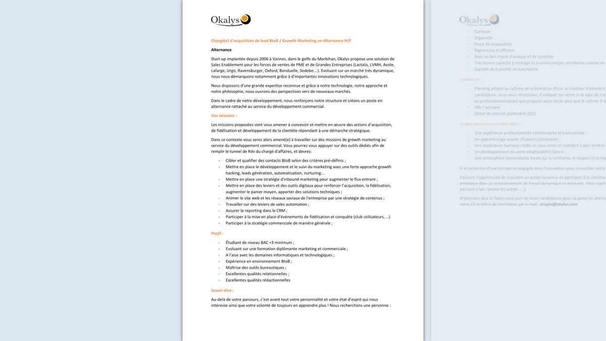 Okalys's tweet photo. 🧐 JOB ALERT - ALTERNANCE
C'est la #rentrée et vous êtes toujours à la recherche d'un poste en #alternance ? Nous recherchons le profil idéal pour nous rejoindre et nous accompagner sur le poste de Chargé(e) d'acquisition de lead BtoB / Growth marketing https://t.co/N4gQb2m9Iq