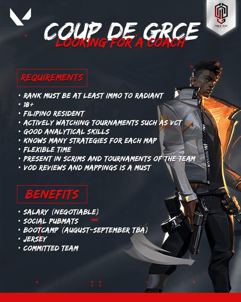CDGesports's tweet photo. Coup De Grace is currently looking for a new COACH

Requirements:
-atleast Radiant peak rank
-Preferably with coaching experience
-PH Base
-Bootcamp Ready

-DM Kinsey #0777 on discord https://t.co/2gonCZJ5Rr