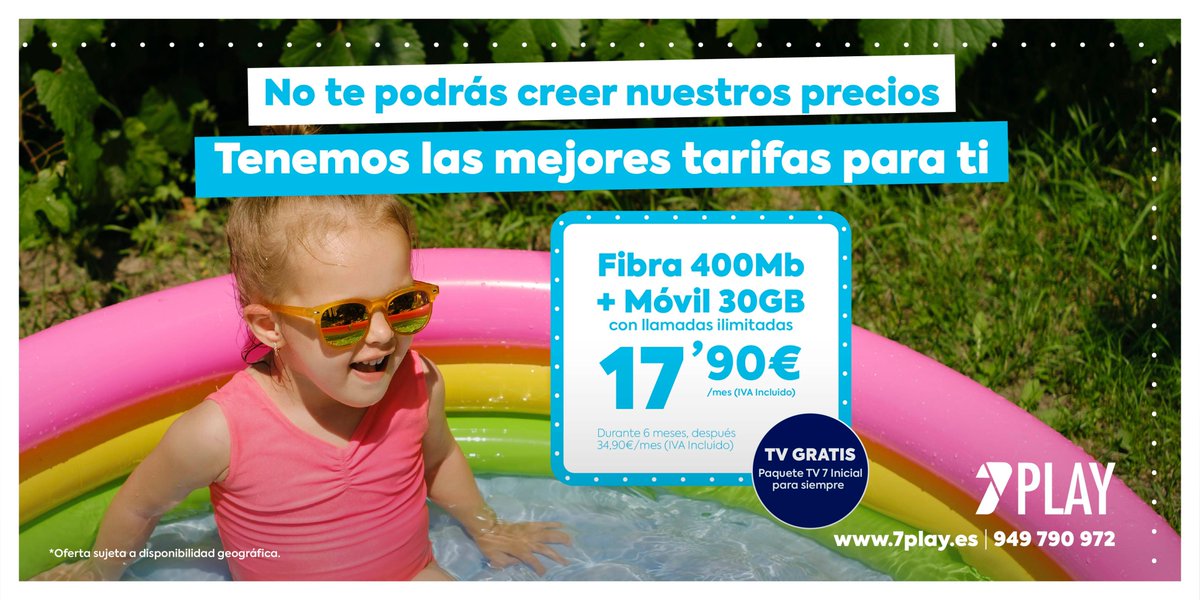 VinaAlbaliFS's tweet photo. Con nuestros precios, ¡no querrás desconectar ni un segundo! ➡Contrata Fibra 400Mb + Móvil 30GB con llamadas ilimitadas por solo 17,90€/mes (IVA Incl.). Además, te regalamos el paquete TV 7 Inicial para siempre 😉

Disfruta el #verano con 7 Play 😍

#7play #tarifas #móvil #tv https://t.co/tfyCEsVsmE