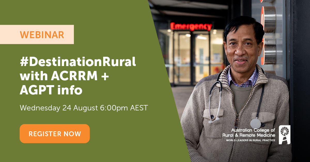 ACRRM's tweet photo. Tomorrow night at 6pm, join ACRRM and the @RuralDoctorsAus in this online webinar to learn more about what it's like to be a Rural Generalist.

Register before Wednesday 24 August and receive a FREE ACRRM + RDAA goodie bag!

Click here to register now ➡️ https://t.co/nTW0AZthMn https://t.co/gWvsT8FwWn