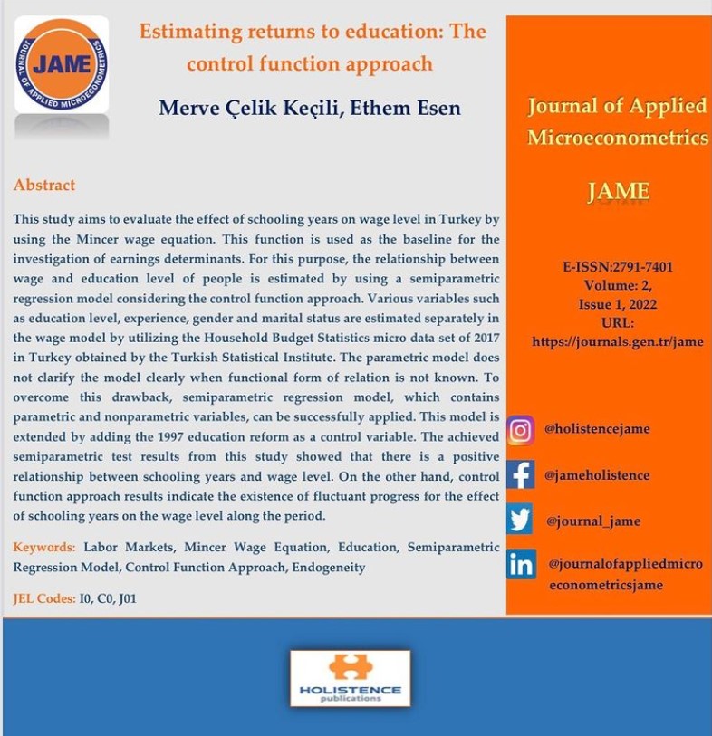 journal_jame's tweet photo. "Estimating returns to education: The control function approach" by Merve Çelik Keçili and Ethem Esen is available in our first issue of 2022 https://t.co/hsF0AifLW9

#labormarket #mincerwage #education #semiparametric #controlfunction #endogeneity #jame https://t.co/ptLIKK2DeL