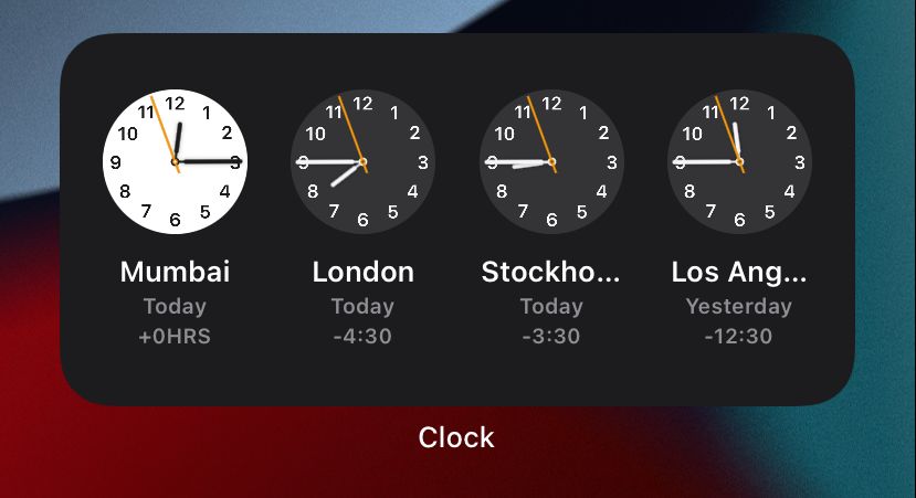 Captain__Levi_'s tweet photo. @Apple weird glitch in Widget where my current location Mumbai shows white dial(daylight) whereas London and Stockholm should also be in white instead of black (showing night time) 🙌 (screenshot time - 12:15pm afternoon) @MKBHD https://t.co/Q4Ss6IENDM