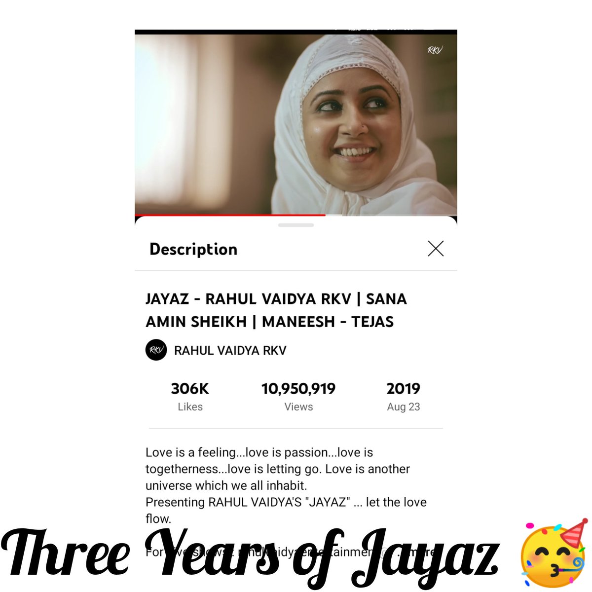 juhi_sabri's tweet photo. THREE YEARS OF JAYAZ ๐ฅณ
...
#sanaaminsheikh
#sana #sanasheikh
#rahulvaidyarkv #rahulvaidya
#jayaz #rkv #rahul #RJsana
#musicvideo #music #musiclover https://t.co/OZ8EoOTz0K