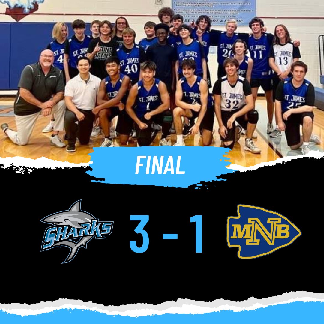 CoachScheuer's tweet photo. In the @St_James_Sharks first ever Mens Volleyball match the Sharks defeated @NMBAthletics 3 sets to 1. Way to go Sharks and way to go Coach Cavin. #SharkBeat https://t.co/tipgYtuM8k