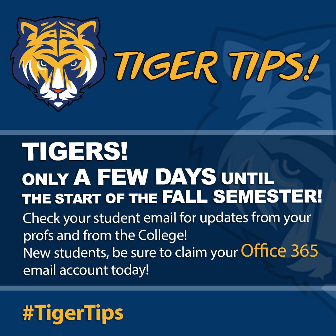 QCC_CUNY's tweet photo. The fall semester begins in just a few days! Check campus email daily. Your free MS Office 365 account offers 50 GB for message storage, Office applications (Word, Excel, PowerPoint, OneNote & Access), Web and mobile device support, and excellent email security. #TigerTips https://t.co/Ii1ECWQowx