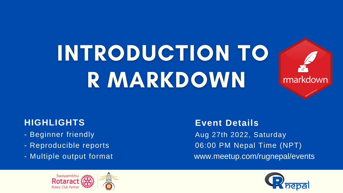 Join us this Saturday to learn more about reproducibility and flexibility option #Rmarkdown provides. #rugnepal #RStats 

Register: meetup.com/rugnepal/event…