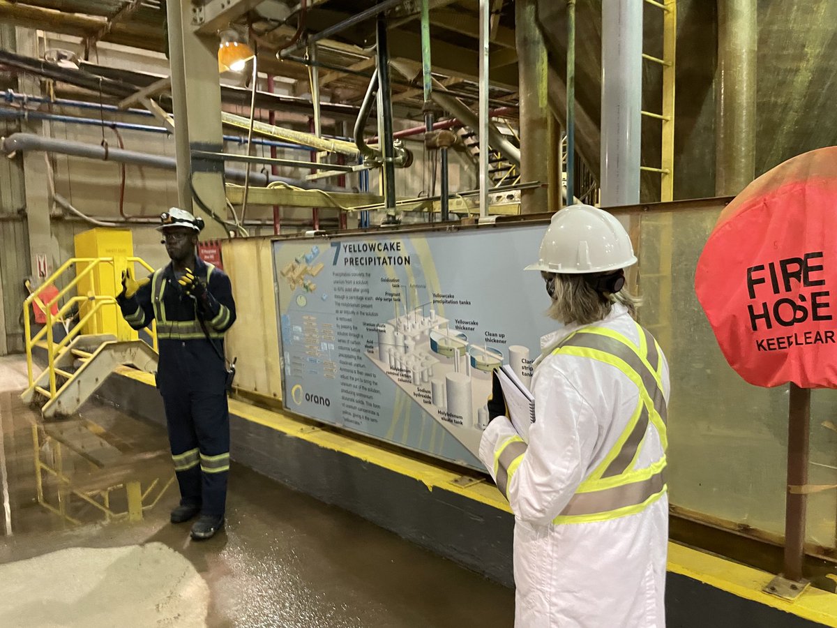 SaskMiningAssoc's tweet photo. Day 3 #SMAGeoventure2022: ⁦@oranocanada⁩ McClean Lake Mill-After #Clarification circuit is #SolventExtraction where U is concentrated; #Precipitated; #Calcined; &amp; #Packaged in labelled drums 🛢&amp; trucked to Ontario for refining #NuclearFuel ⁦@opg⁩ ⁦@Bruce_Power⁩ https://t.co/SQcoeirPxT