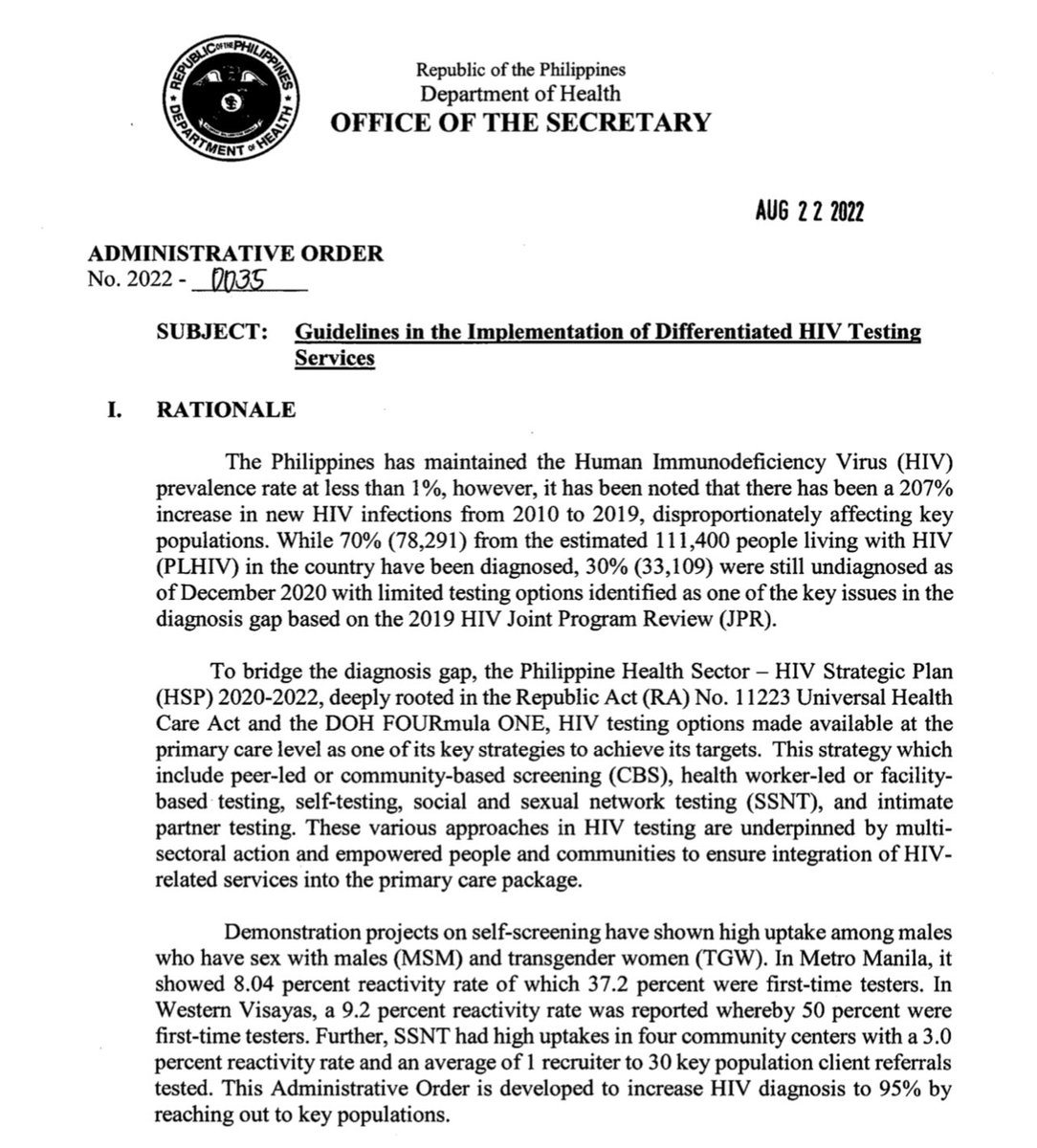 johndanvic's tweet photo. Finally! The Department of Health has approved the guidelines for implementation of different HIV testing services, which includes HIV self-testing! Another demo project to policy, via SelfCare! @LoveYourselfPh 

Link to the Administrative Order here: https://t.co/aaHi1N1C4L https://t.co/VXq7FsVw3f