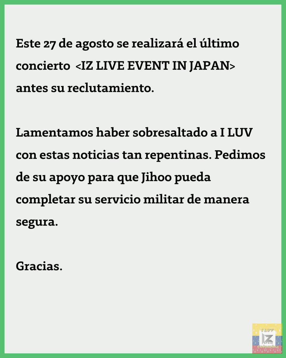Colombia__IZ's tweet photo. Traducción al español del mensaje de @musicK_official , adaptada de la traducción al inglés de @intl_iz 

#アイズ #아이즈 #IZ #BANDIZ #지후 #JIHOO #ジフ https://t.co/783Q0nNOnw