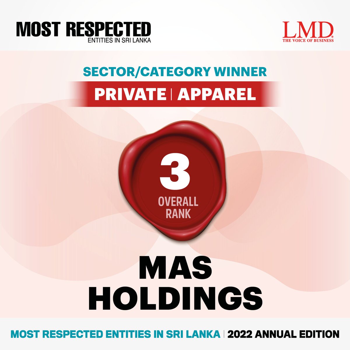 LMD_media's tweet photo. SECTOR/CATEGORY WINNERS – Sri Lanka’s Most Respected Entities for 2022
@masholdings
#MostRespectedBySector #MostRespectedEntitiesInSriLanka #MostRespectedEntities #MostRespectedSriLanka #MostRespected #MostRespected2022 #LMD #SriLankanEntities #SriLankanCorporates #apparel https://t.co/bRqi0HDlNx