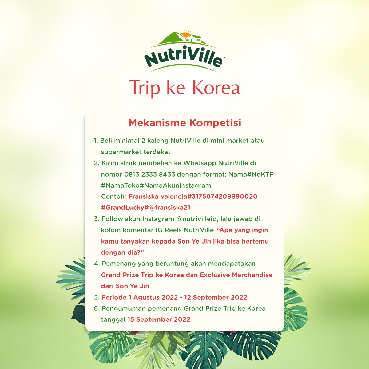 Halo Bestie 😊
Siapa yang ga pengen Trip ke Korea GRATIS dan dapat Exclusive Merchandise dari Son Ye Jin? Woah, mau banget kan 😁
Yuk beli NutriVille di mini market dan supermarket terdekat dan dapetin Grand Prize Trip ke Korea. Jangan sampai ketinggalan ya Bestie 😊 #NutriVille