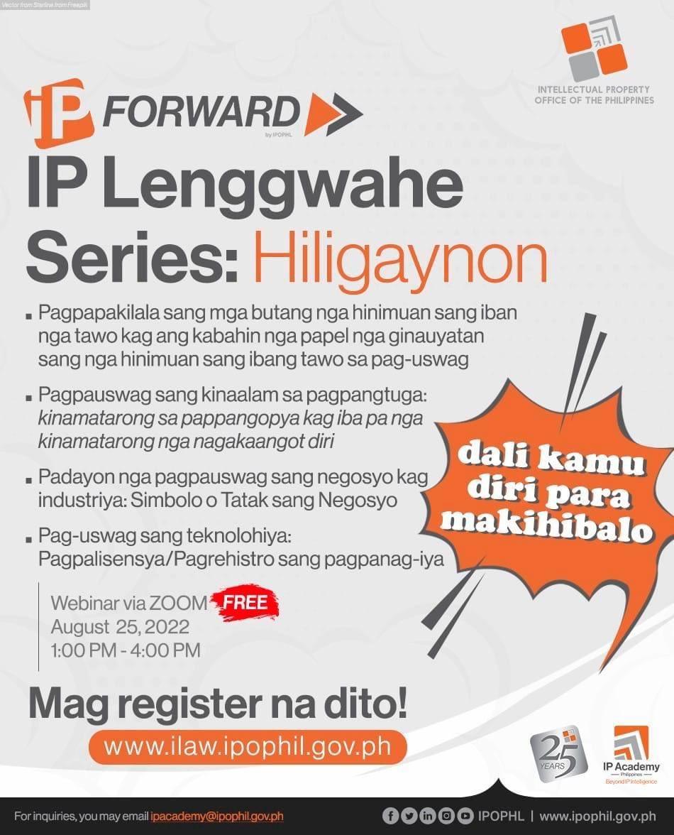 rodelriddle's tweet photo. Mahinun-anon kita sa IP Lengguwahe Series:Hiligaynon @IPOPHL nahanungod sa “Pagpasangkad sang Pagkamatinugahon: Pagpanag-iya kag Kalakip nga mga Kinamatarung”. Magpalista na kag magtambong. Kit-anay kita sa 25 August 2022. #IPForward #Copyright https://t.co/pLDKEoEOjd