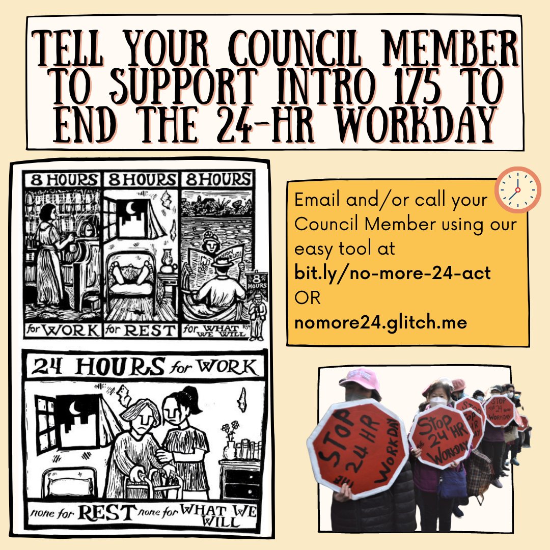 CQUID718's tweet photo. We support Intro 175, which will end the 24-hour workday for home care workers. We stand in solidarity with the countless workers who have suffered because of this loophole. Call or email your NYC Council Member & urge them to support this bill: https://t.co/0VoNCDQnIi
#NoMore24 https://t.co/we3kdUYCH6