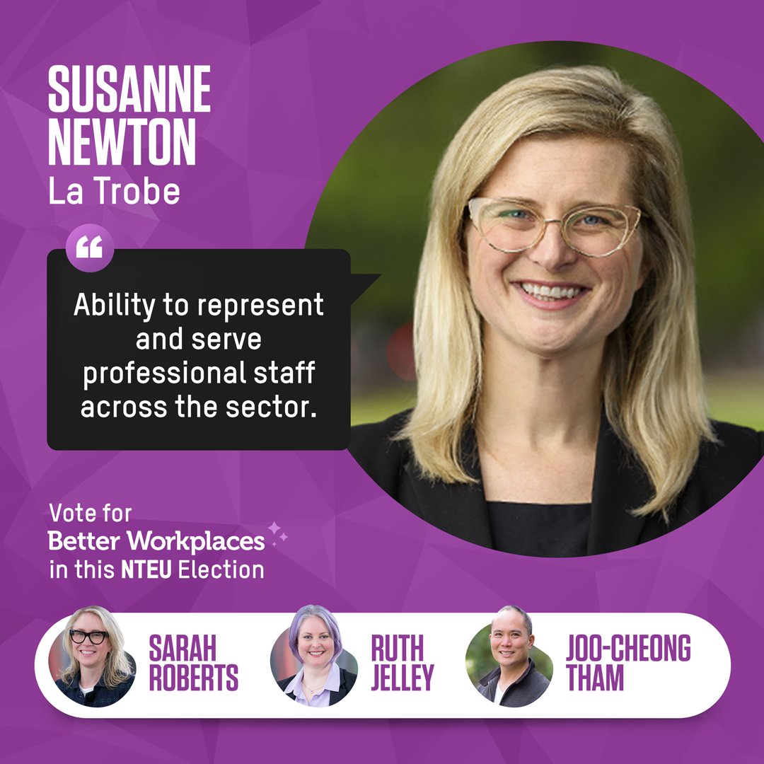 BetterNTEU's tweet photo. We are honoured to have @susannenewton's endorsement in this @NTEUVictoria election campaign. Vote 1 Sarah Robers &amp; Ruth Jelley for Better Workplaces &amp; read Susanne's full endorsement here: https://t.co/JInMDaHjJe https://t.co/f2wOwy74Dr