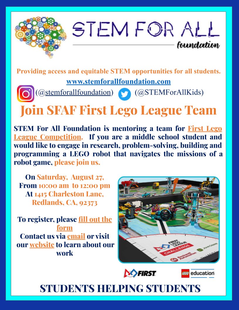 Calling <a href="/moore_monarchs/">Moore Middle School</a> <a href="/CopeMiddleRUSD/">Cope Middle School</a> <a href="/bobcatsRUSD/">Beattie MS</a> <a href="/ClementRUSD/">Clement MS</a> <a href="/RedlandsUSD/">Redlands USD</a>  students interested in building and programming a <a href="/LEGO_Education/">LEGO Education</a>  robot to compete in <a href="/firstlegoleague/">FIRST LEGO League</a>, please fill out the form forms.gle/W6bi7e1njfL71g…  <a href="/CaliRobotGirl/">Marcia Vidal Nial</a> @SBCSS_ESS <a href="/RedlandsUSDSupt/">Juan J. Cabral</a>