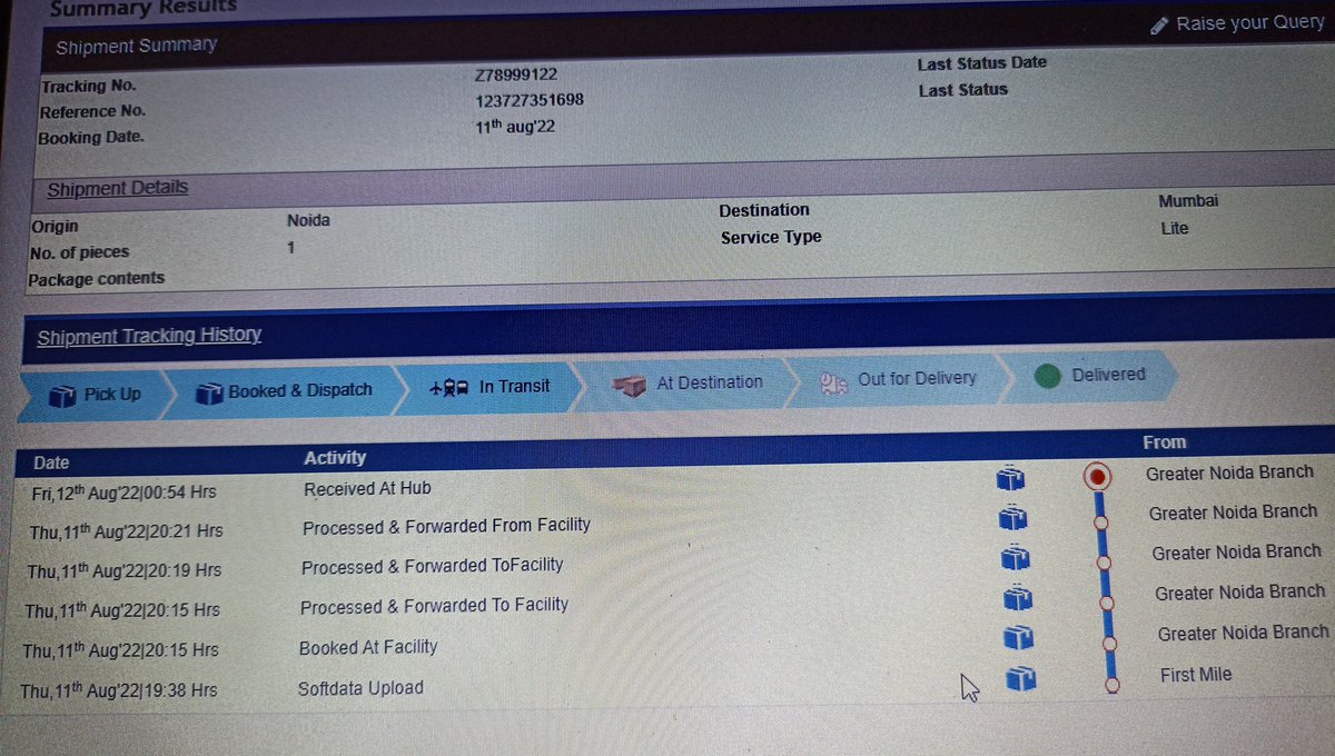 saivastava's tweet photo. @DTDCIndia - My courier with Z78999122, I dispatched from noida on dated 11-aug-2022 has been missing also in online tracking last status is till 12-aug-2022. I have raised complaint also check with authorities but no satisfactory answers. Help me with resolution. https://t.co/lclrOB71IU