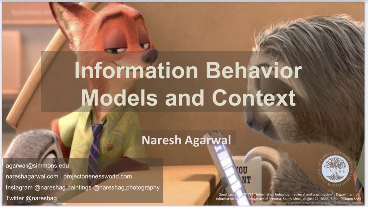 nareshag's tweet photo. A 2-hour guest lecture earlier this morning on #informationbehavior #models and #context for students and faculty of the University of Pretoria @Tukkies, #SouthAfrica. You can watch it here https://t.co/k79qIi8bhG @asist_org @SimmonsUniv @SimmonsSLIS @SimmonsASIST https://t.co/eQ0uFRXyY2