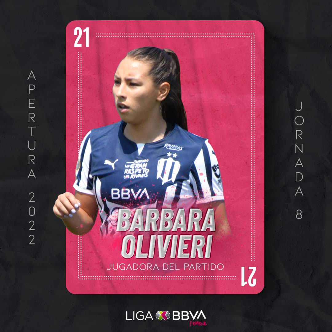 LigaBBVAFemenil's tweet photo. #JugadoraDelPartido - Barbara Olivieri 🤩

La dorsal 21 de @Rayadas no desaprovechó la noche y celebró su segunda anotación en la #LigaBBVAMXFemenil que permite a su equipo sumar de tres 🔥

#VamosPorEllas👊🏽 https://t.co/miU4D3Q5ZV