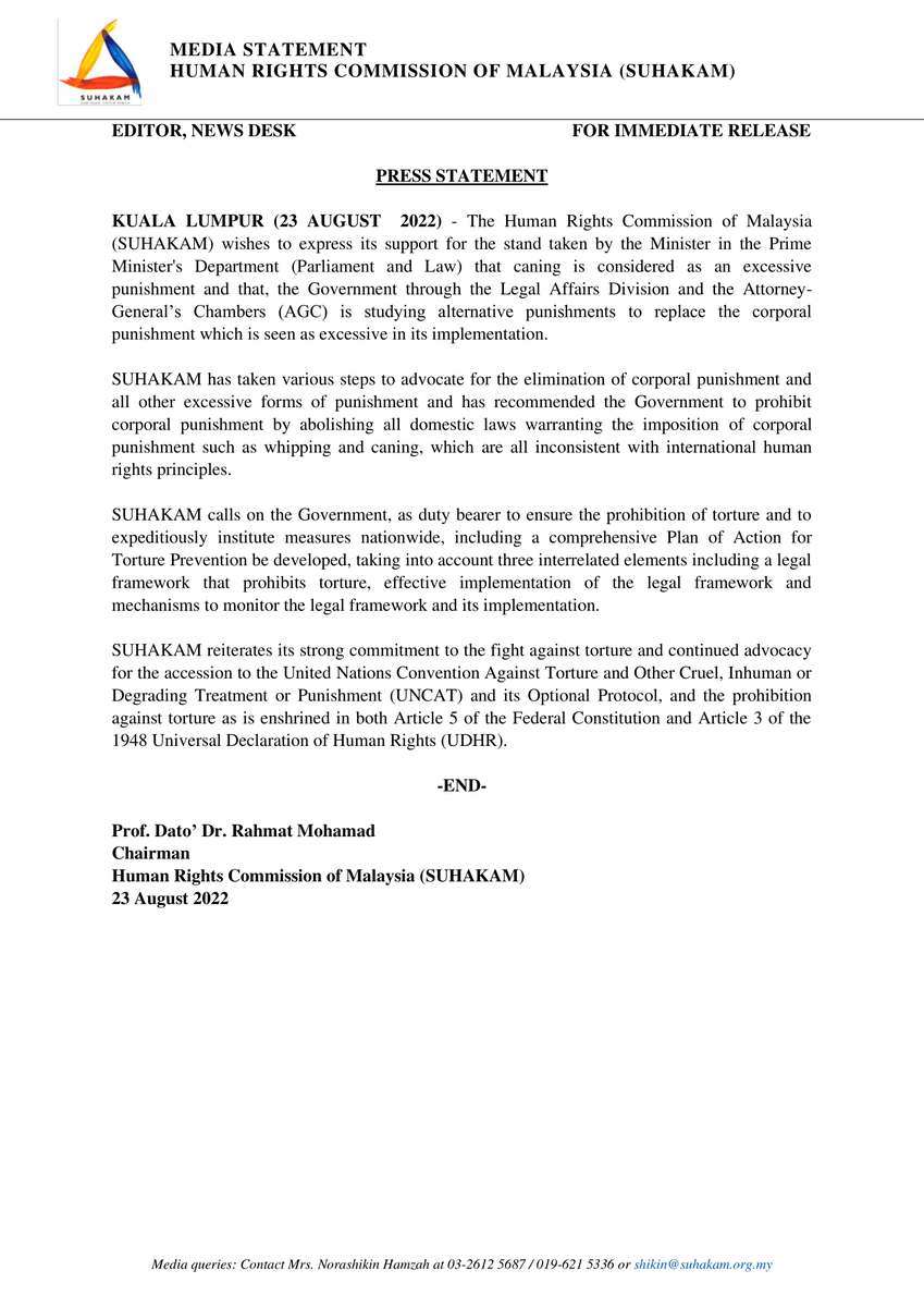 SUHAKAM's tweet photo. SUHAKAM Supports for Alternative Punishments to Replace Corporal Punishment. https://t.co/3Lr0NxUZSz