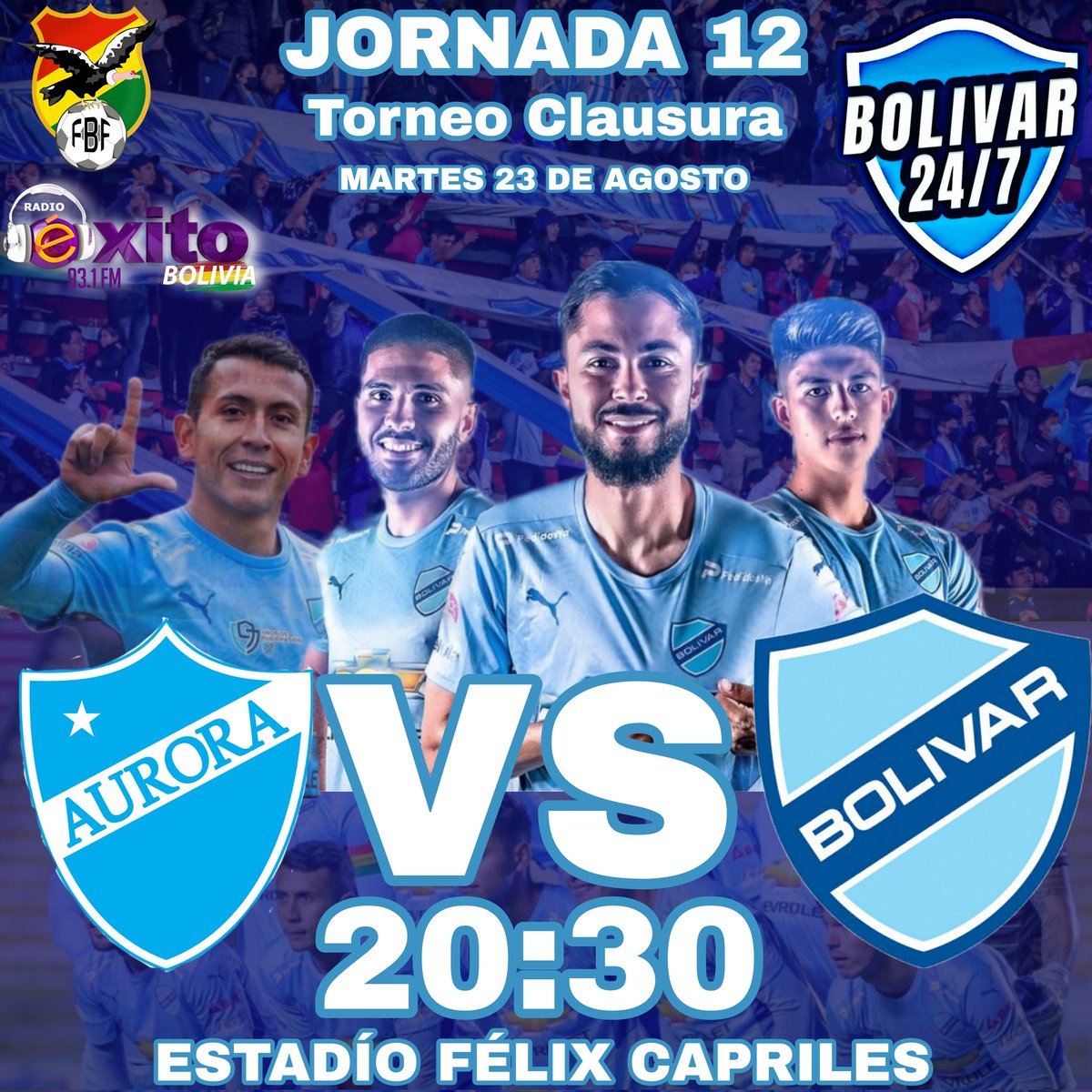 bolivar247's tweet photo. 💙💙¡¡HOY JUEGA EL PAPÁ BOLÍVAR EN EL CAPRILES!!💙
💙⚽¡¡VAMOS BOLIVAR QUE TENEMOS QUE GANAR!!💙⚽
🗓️ MARTES 23 DE AGOSTO
⚽ AURORA 🆚 BOLIVAR
⏰ 20:30
🏟️ ESTADÍO FÉLIX CAPRILES
📻 RADIO ÉXITO 93.1FM
🏆TORNEO CLAUSURA - FECHA 12
#Bolívar247Radio
#RadioExito https://t.co/3QDIxZMjoI