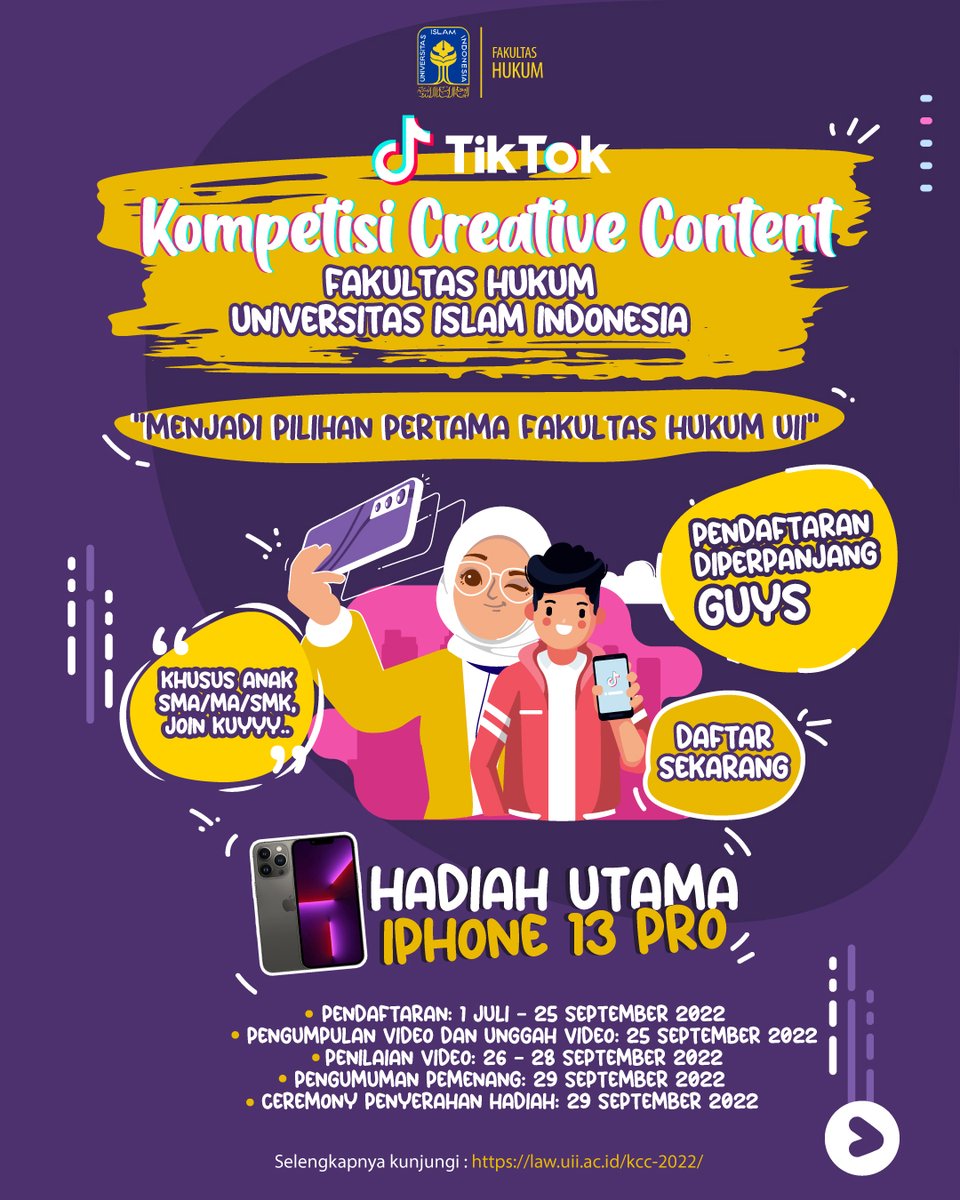 law_uii's tweet photo. Pendaftaran di perpanjang!!!! Segera daftarkan diri sekarang juga 🙏🏻😉

#lombavideo
#lombatiktok
#FakultasHukumUII
#FHUII
#UniversitasIslamIndonesia
#UIIYogyakarta https://t.co/HO0fDqu1uR
