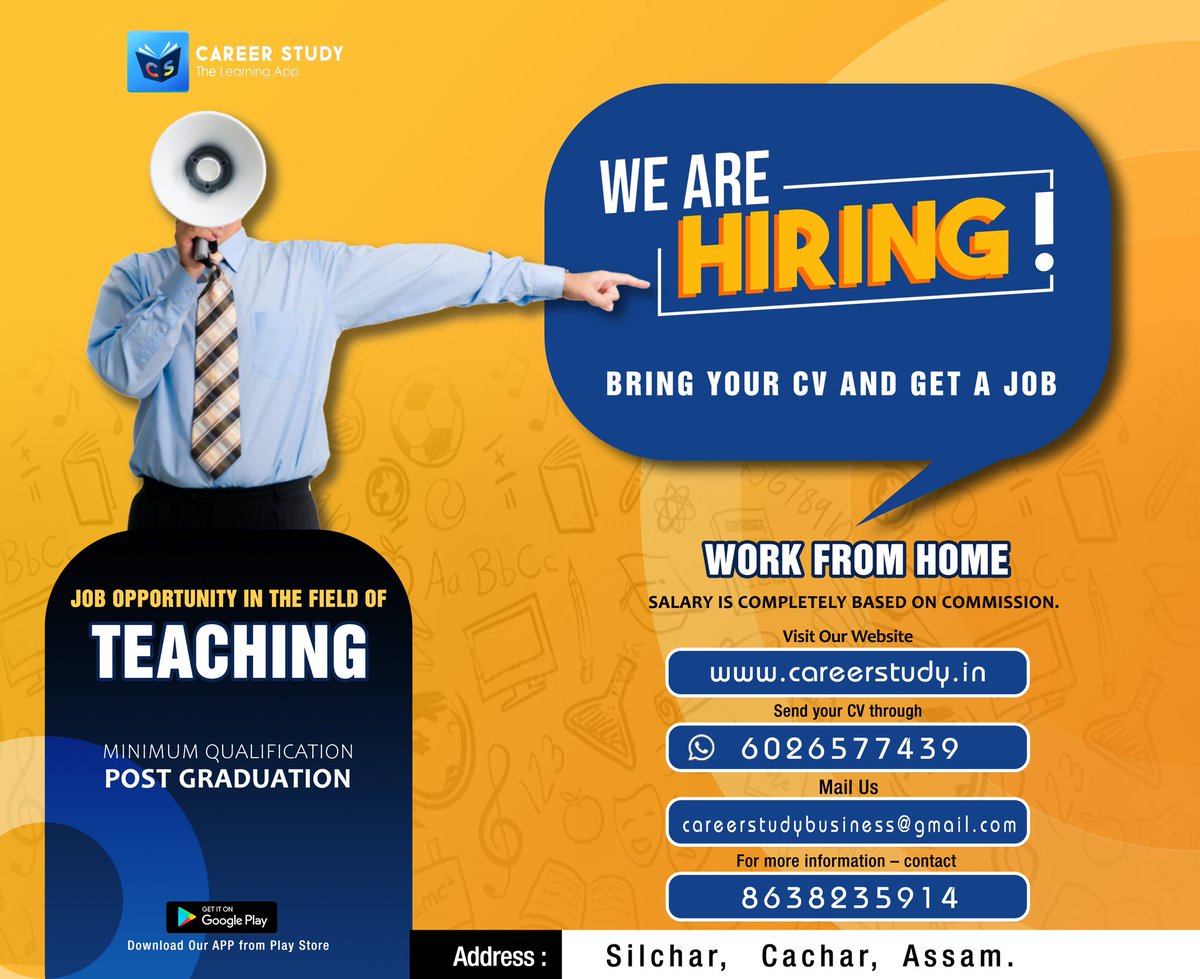 careerstudyapp's tweet photo. Dear Sir/Madam,

Warm Greetings!
First time in Assam a digital platform i. e, "Career Study-The Learning App".
We are hiring subject wise Teacher's and the registration process will be start from 01/09/2022.
It is a one stop solution under one roof.
 Regards
   -Career Study Team https://t.co/9CakYg7sRV