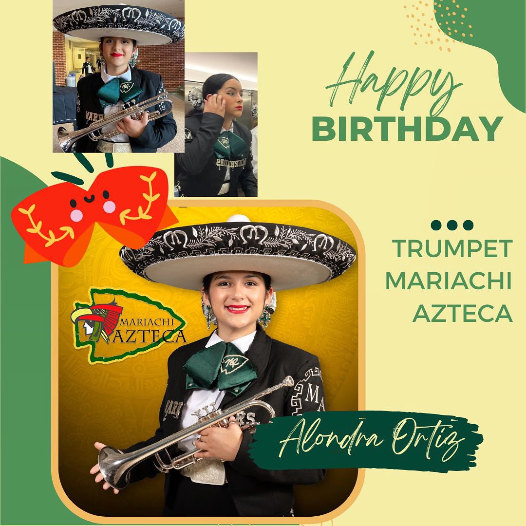 AztecaRowe's tweet photo. Wishing our trumpetista ALONDRA ORTIZ a very HAPPY BIRTHDAY 💚💛✨👏🏻🥳. We hope you all your wishes come true and continue being your amazing self! 🙏🏻 Best wishes always- Azteca Fam✨ https://t.co/aQLluUYQ2E