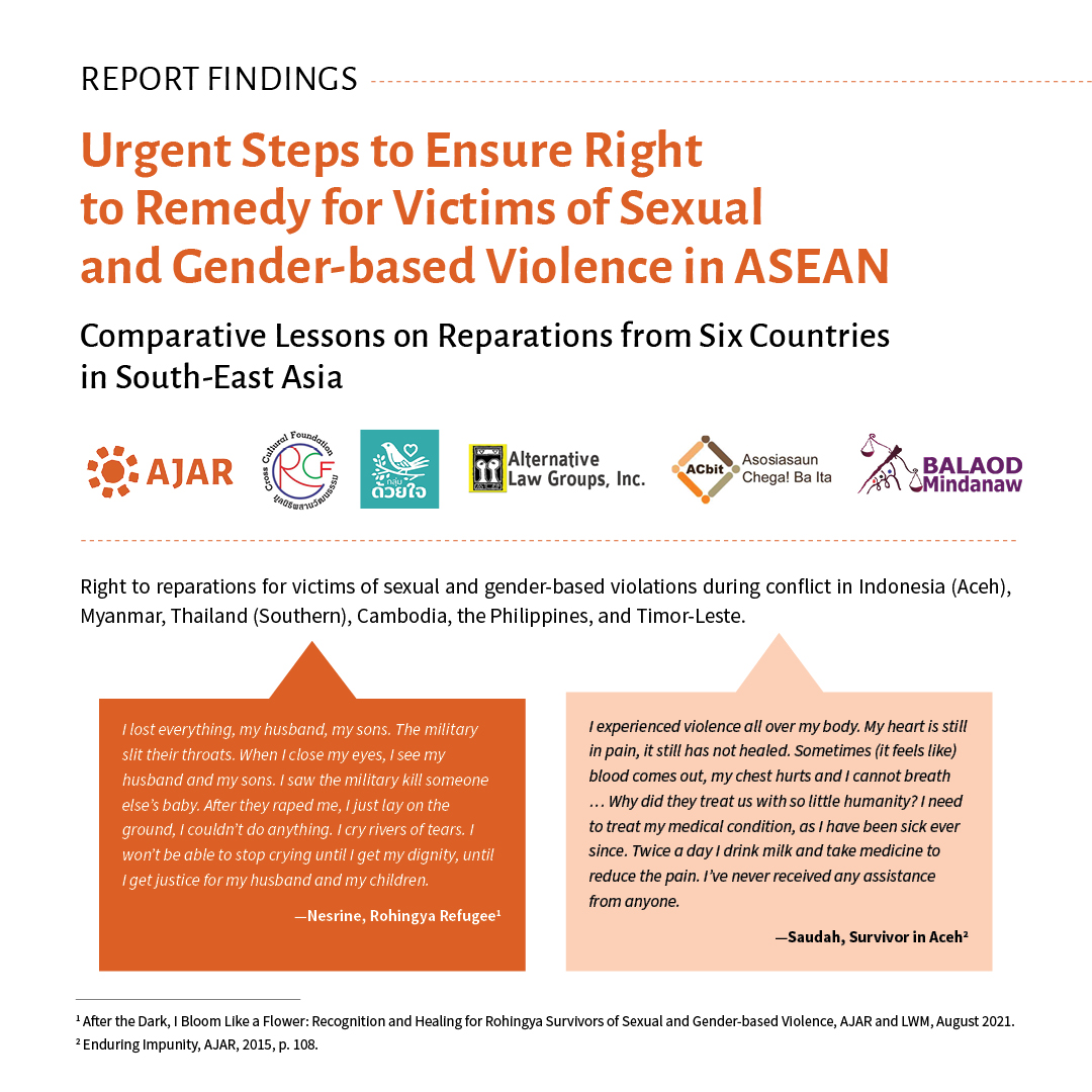 asia_ajar's tweet photo. Today, AJAR alongside @CrCF_Thailand, @DuayjaiGroup, #AcBit, @balaodmindanaw , @AlternativeLawG is holding a Regional Stakeholders Meeting and Report Launch: "Urgent Steps to Ensure Right to Remedy for Victims of Sexual and Gender-Based Violence in #ASEAN." https://t.co/MaE90MSRCP