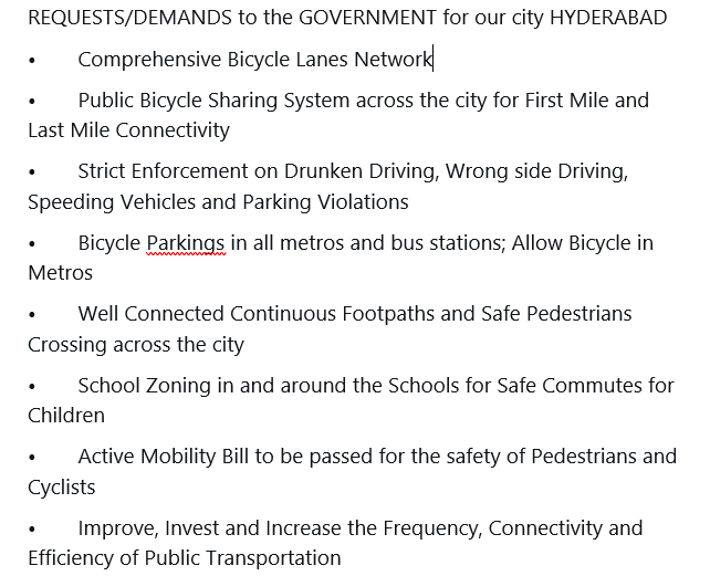 Our Requests in our city #Hyderabad from #CyclingCommunityOfHyderabad in order for our city to Pioneer into #ActiveMobility and be the City with most #SustainableTransportation in the World!

<a href="/KTRTRS/">#RAMpage</a> <a href="/arvindkumar_ias/">Arvind Kumar</a> @GadwalvijayaTRS <a href="/CommissionrGHMC/">Commissioner GHMC</a> <a href="/HUMTA_hmdagov/">Hyderabad Unified Metropolitan Transport Authority</a> <a href="/TelanganaCMO/">Telangana CMO</a>