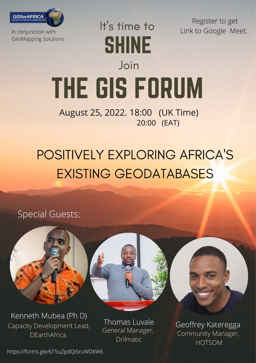 Join the GIS Forum on Thursday, 25 August 2022 as we discuss, “Positively Exploring Africa’s Existing Geodatabases” W/ <a href="/GISforAfrica/">Africa's Exciting Network</a> 
 
Registration Link: forms.gle/6T5uZpdQiSruWD…

#DrilmaticGeosynthetics #GeosyntheticsKE
#GIS