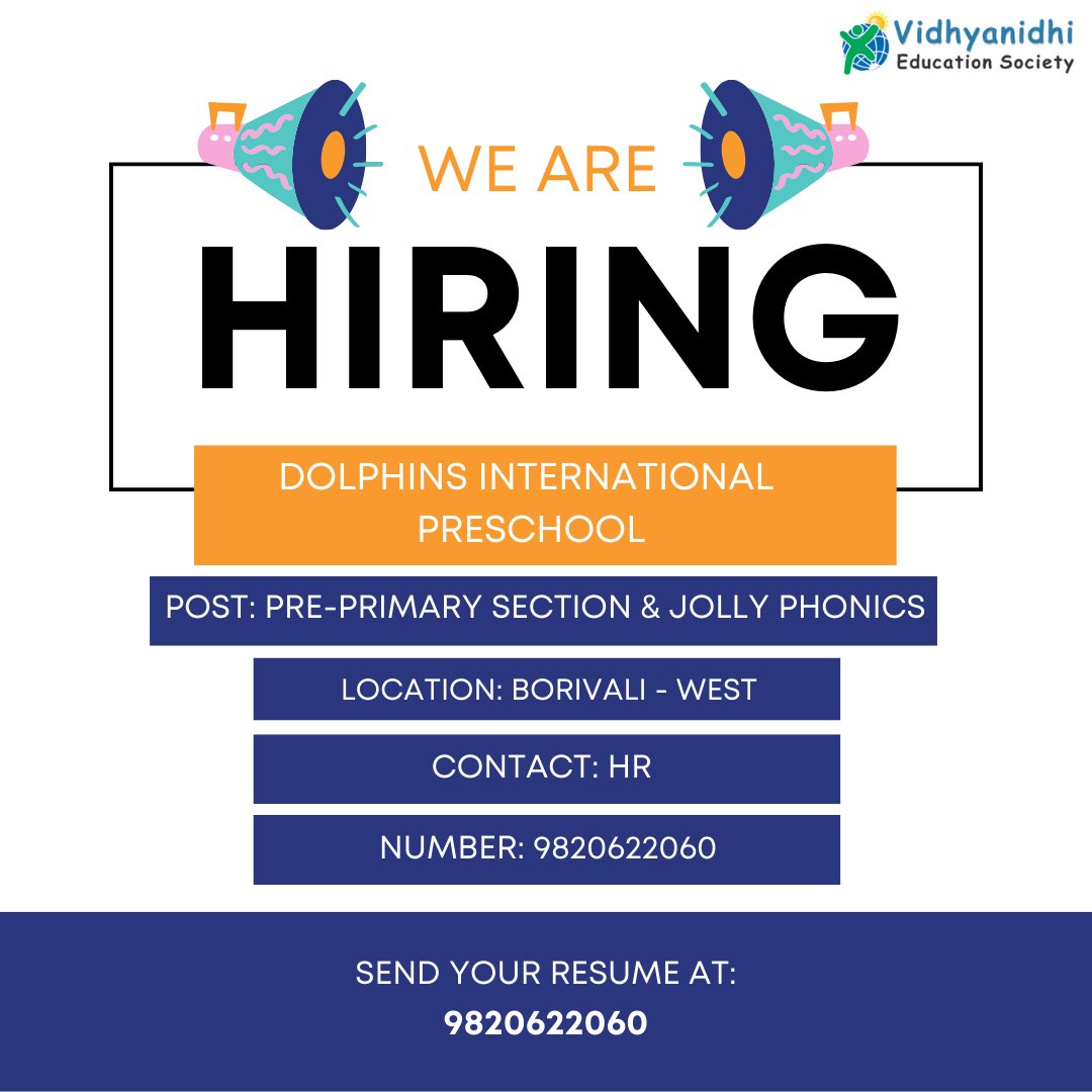 DiplomaTraining's tweet photo. Vacancy at Dolphins International  preschool urgently. 
Applicants note: when applying for the jobs use your discretion, as VES shall not be responsible for any unpleasant situations.
#teachingkids #teachertraining #jobvacancyalert #jobsvacancy #jobshiring #jobsinindia https://t.co/Dm7gd8gQma