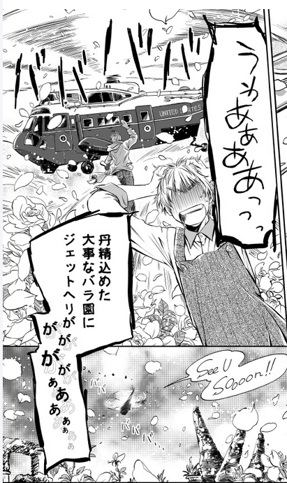 自分で描いといてなんだけどいぎりすさんが丹精込めて育てたバラ園にジェットヘリとかラプターで乗り付けてくるあめりかくん迷惑で好きだな('σωσ) 