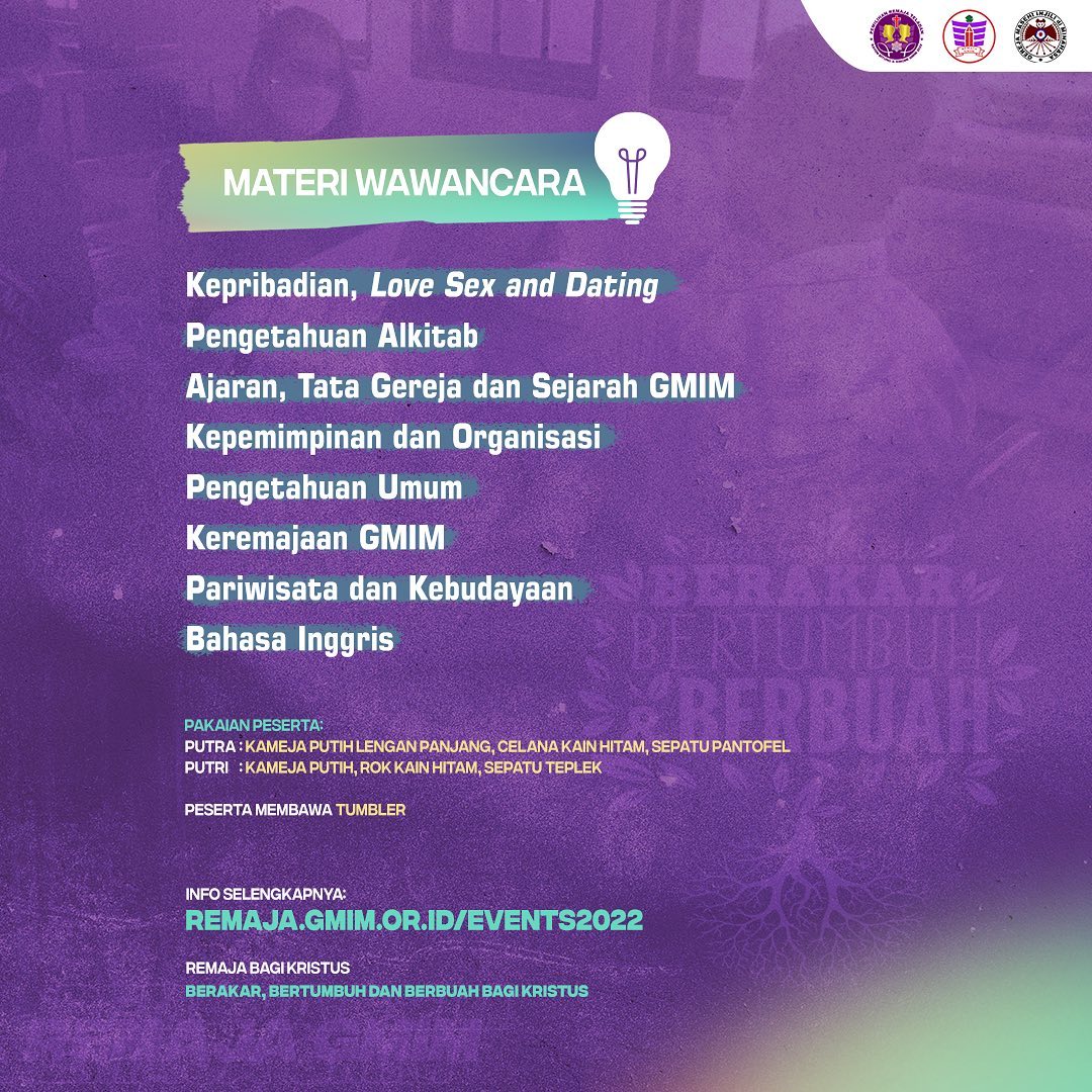 Syalom! Tahapan Pemilihan Remaja Teladan Sinode GMIM tahun 2022 akan dimulai dengan tes wawancara pada hari Sabtu (27/8) nanti di Bitung. So, bagi adik-adik remaja yang lolos ke tahap ini, selamat mempersiapkan diri! Biarlah semua yang kita lakukan hanya untuk kemuliaan Tuhan.