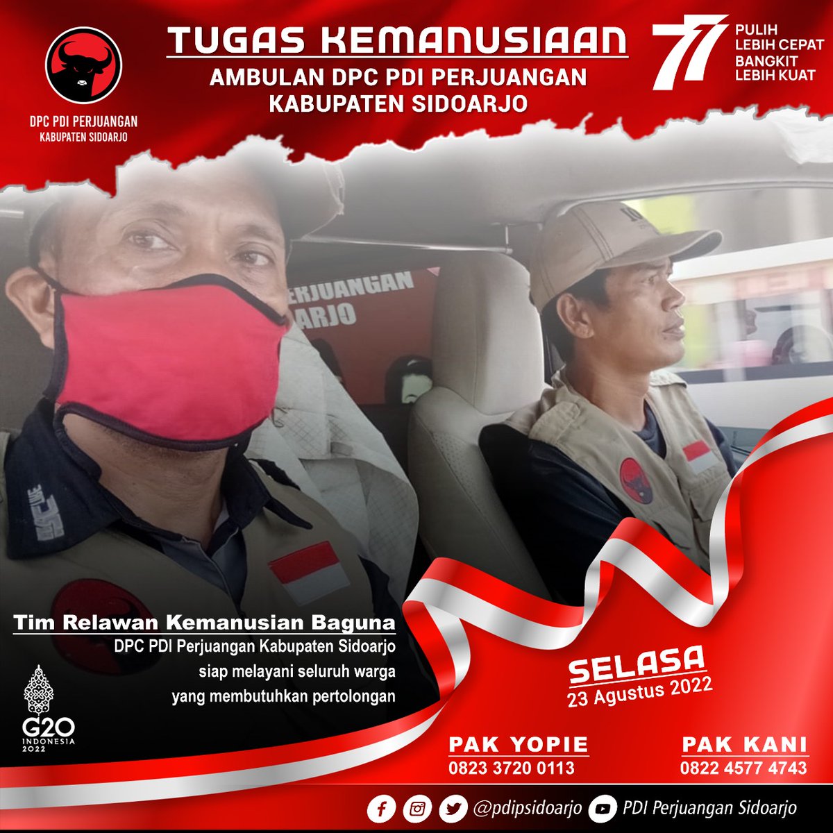 pdipsidoarjo's tweet photo. BAGUNA Sidoarjo
Tim Relawan Kemanusian Baguna DPC PDI Perjuangan Kabupaten Sidoarjo melaksanakan tugas mengantar warga Kecepik, Masangankulon, Kec. Sukodono menuju Rumah Sakit Siti Khotijah Taman, Selasa (23/08/2022).
.
#Baguna
#PDIPerjuangan
#pdiperjuanganjatim
#pdipsidoarjo https://t.co/IbvCVORDWA
