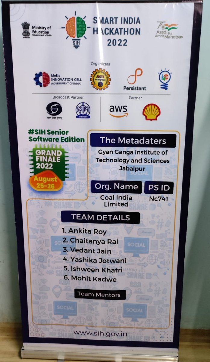 ankiitaaaa's tweet photo. As the grand finale of #SIH2022 approaches we are proud to see #TheMetadaters in the standee representing our college in the event.
#PM_ModiAtSIH 
#InnovationSeAtmanirbharBharat 
@narendramodi @EduMinOfIndia @PIBHRD @PMOIndia @mhrd_innovation 
@abhayjere @mohitgambhir @vedantj_03 https://t.co/wZW0mfYbkZ