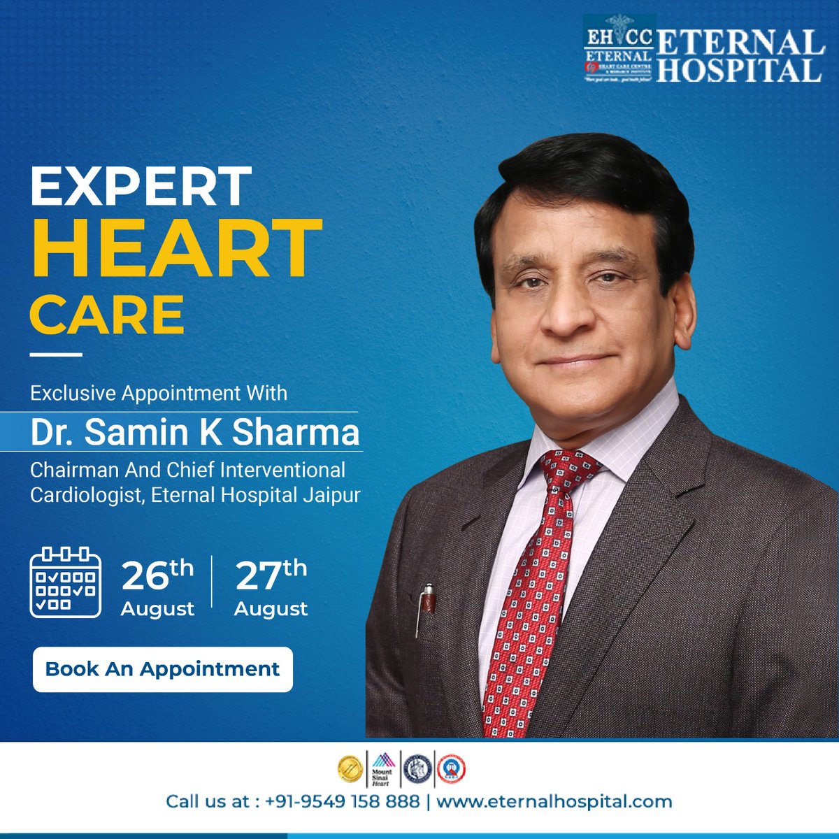 eternalheart_j's tweet photo. Want to get your heart health assessed by an expert in the field? Book an exclusive appointment with Dr. Samin K Sharma, Chairman &amp; Chief Interventional Cardiologist, Eternal Hospital, Jaipur, on 26th and 27th August.

#ExpertHeartCare #HeartCare #DrSaminKSharma #EternalHealth https://t.co/bjWqlENGXr