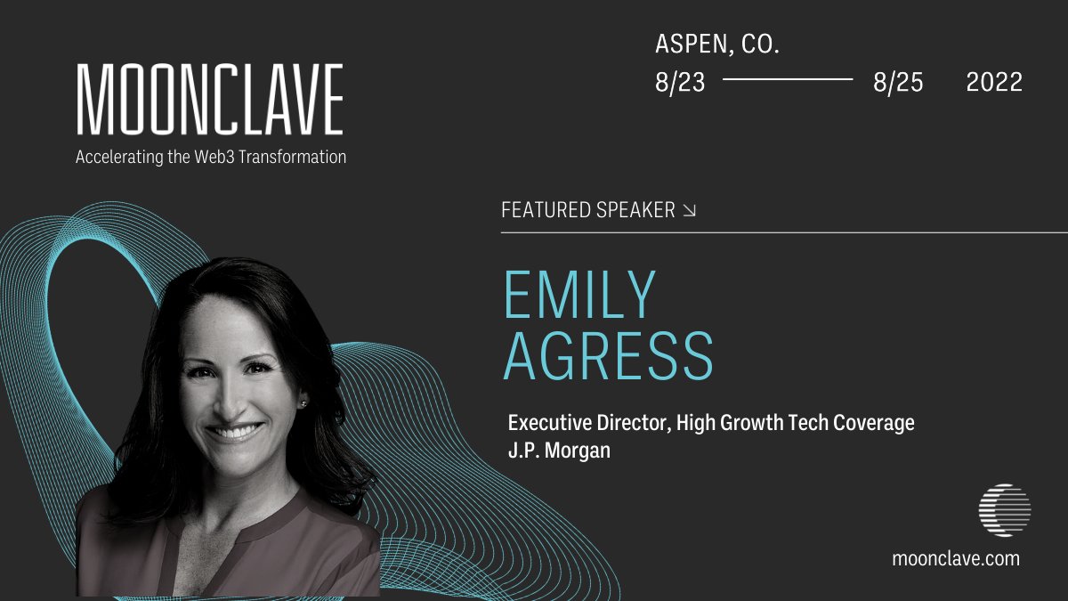 moonclave's tweet photo. Welcome Emily Agress to #Moonclave Aspen Summit.

Emily is a Corporate Banker within J.P. Morgan’s Corporate Investment Bank with responsibility for covering high-growth technology and disruptive commerce segments, including fintech, crypto, web3 and metaverse. https://t.co/ve7qcuh2Fk