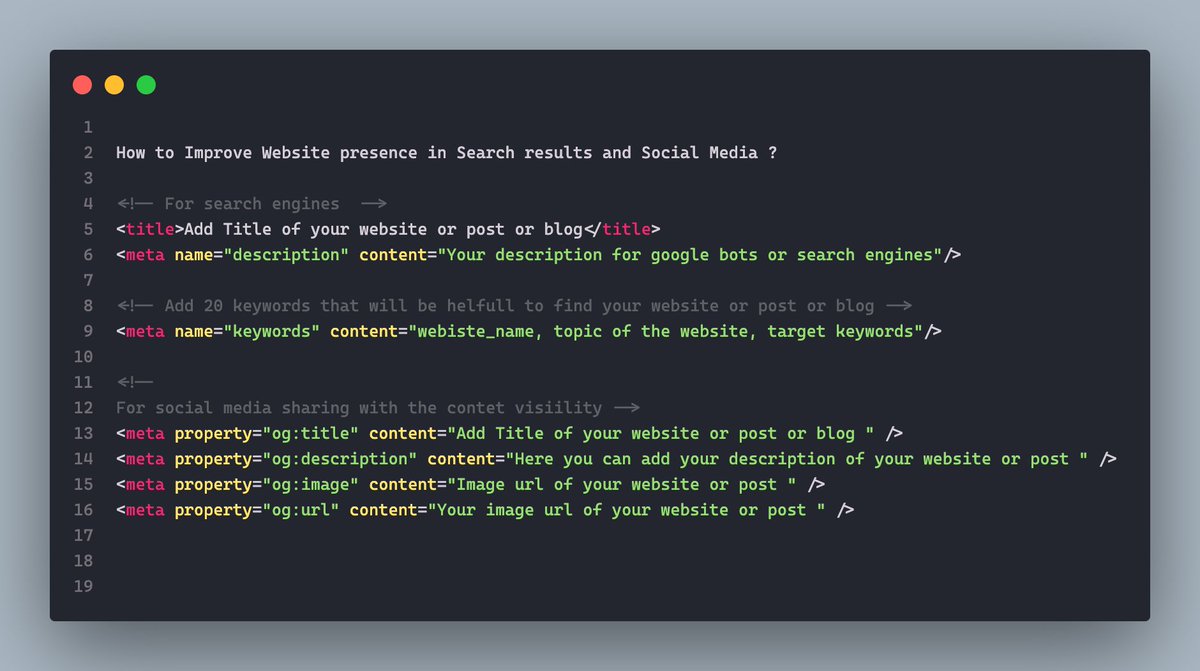 timidlly's tweet photo. Are you struggling with website presence in Search results and Social Media ? π«
Just add this code before </head > tag and the problem is resolved π
Follow : #timidlly
Learning : #Day2Timidlly
#developer #websitepresence #india #FrontEndDeveloper @codingmilf https://t.co/MPCTNCAdog