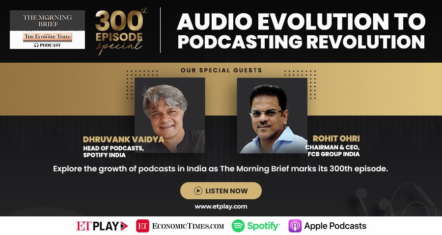 #TheMorningBrief’s 300th episode explores the fast growing podcast segment in India. Are brands backing them with ads? Host @AnirbanET, Dhruvank Vaidya, Head of Podcasts, @spotifyindia & @RohitOhri1, Chairman & CEO, @FCBglobal India discuss.
🎧 Listen now:
bit.ly/3vN13Z3