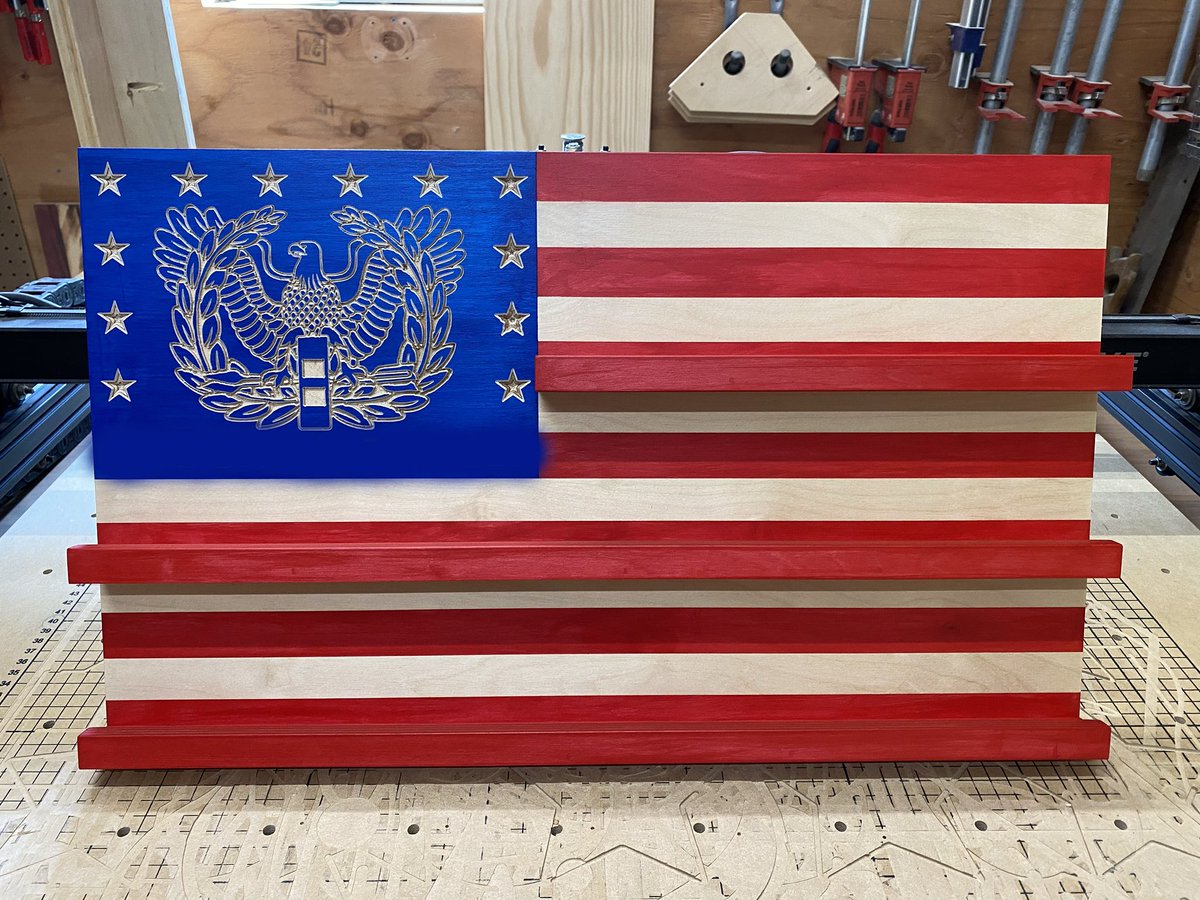 US Flag Coin Holder with rising chicken and stars all done. #usflag #USArmy #warrantofficer #redwhiteandblue #starsandstripes #soldier #giftideas #woodworking #cnc #balticbirchplywood