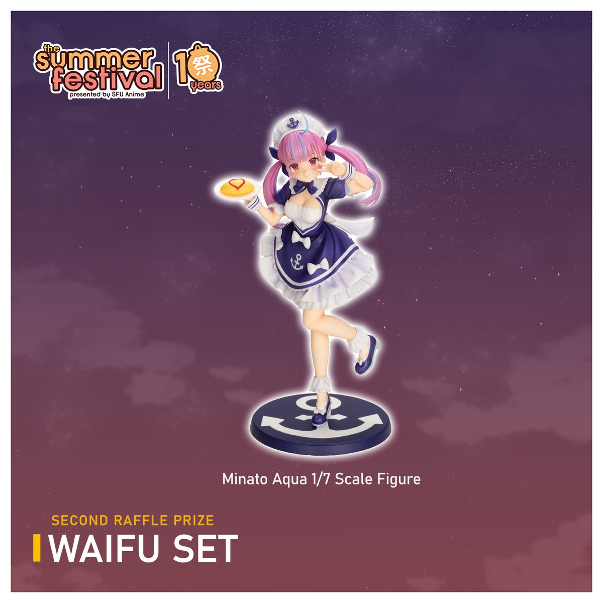 KonAqua! With the model kits set announced yesterday, today we are revealing our second raffle prize for #sfusummerfest ! A Minato Aqua 1/7 Scale Figure! Purchasing a Game Stamp for $2 at our info booth to play games is a great way to earn raffle tickets!