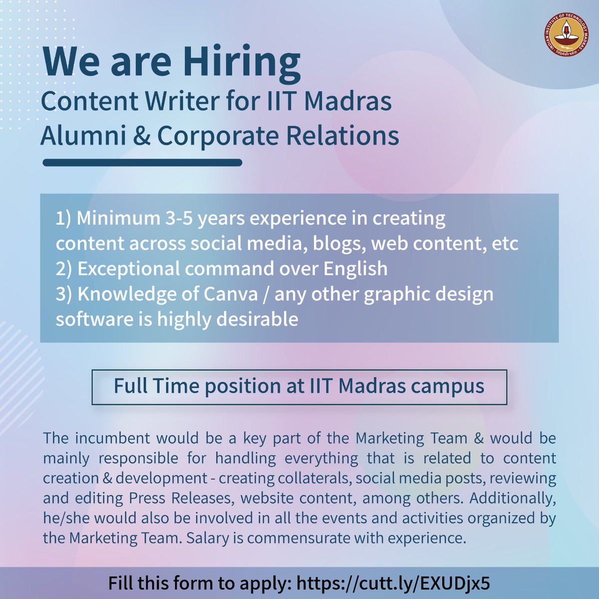 iitmadras's tweet photo. The office of @iitm_alumni at @iitmadras is hiring for the position of Content Writer. The incumbent must have 3-5 years of work experience in creating content across social media, blogs, web content, etc.

Work location - @iitmadras campus
Apply here: https://t.co/YFLDoSTRsO https://t.co/hCbAhi9M8D