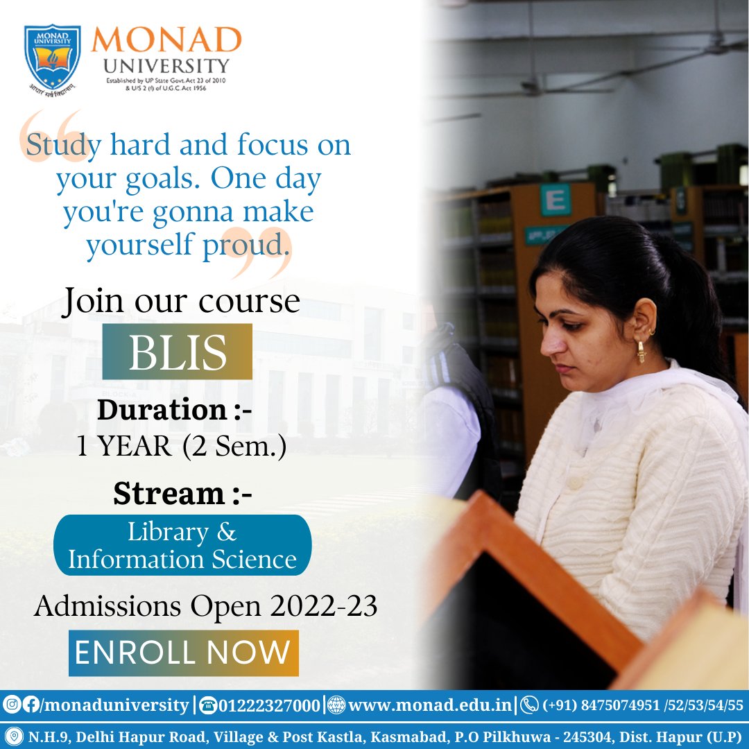 UniversityMonad's tweet photo. 𝘈𝘳𝘦 𝘺𝘰𝘶 𝘴𝘦𝘦𝘬𝘪𝘯𝘨 𝘧𝘰𝘳 𝘢𝘥𝘮𝘪𝘴𝘴𝘪𝘰𝘯 𝘪𝘯
𝘽𝙖𝙘𝙝𝙚𝙡𝙤𝙧 𝙤𝙛 𝙇𝙞𝙗𝙧𝙖𝙧𝙮 𝙖𝙣𝙙 𝙄𝙣𝙛𝙤𝙧𝙢𝙖𝙩𝙞𝙤𝙣 𝙎𝙘𝙞𝙚𝙣𝙘𝙚 𝙘𝙤𝙪𝙧𝙨𝙚𝙨? 📚

𝐵.𝐿𝑖𝑏.𝑆𝑐.
📞  : +918475074951

#MonadUniversity #BLISC #MLISC #AdmissionOpen https://t.co/7hvaZnRBjH