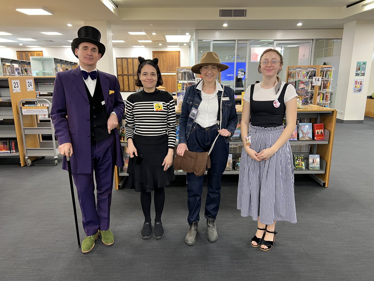MGGS_Library's tweet photo. Book characters and authors were spotted all over Merton Hall today. In the library we found Willy Wonka, Mog (Meg &amp; Mog), George (Of Mice and Men) and Cinderella #BookWeek #CBCA2022 @MGGS_SouthYarra https://t.co/qJ4ArvyTZE