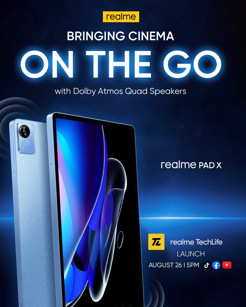 realme_ph's tweet photo. Grab some popcorn and hit play! 🍿

Immerse yourself in your favorite shows with the realme Pad X equipped with Dolby Atmos Quad Speakers, guaranteed to give you quality surround sound! 

Hear it coming your way this August 26, 5PM!

#DesignedToExplore #realmeFanFest2022 https://t.co/Cm3kAxjPyL
