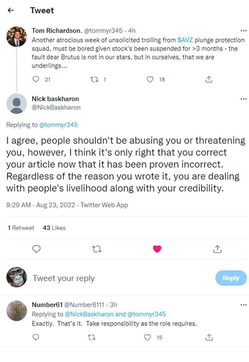 NikkyIntheWorld's tweet photo. @tommyr345 "the fault dear Brutus is not in our stars, but in ourselves, that we are underlings..." applies to you too dear @tommyr345 #AFRTom
good advice heed it & we move on
RETRACT APOLOGIZE & WRITE SOMETHING NICE&Factual about $AVZ in #DRC 🇨🇩 $RDC from here on https://t.co/DDAcbRNLwz